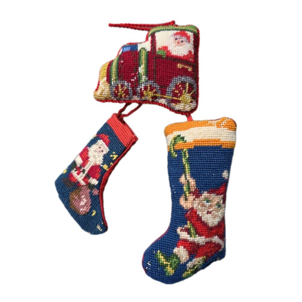 Vintage Set Of 3 Miniature Needlepoint Christmas Stockings Train Mint